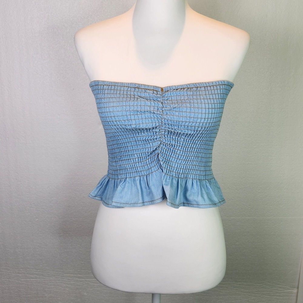 Cider Light Wash Blue Smocked Denim Look Tube Top‎ Ruffle Peplum Strapless Large